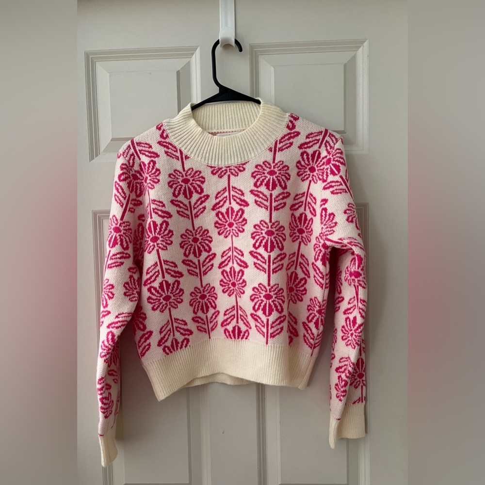 NWT &Merci Pink Floral Cropped cream crewneck sweater Spring Size S Ribbed Wrist